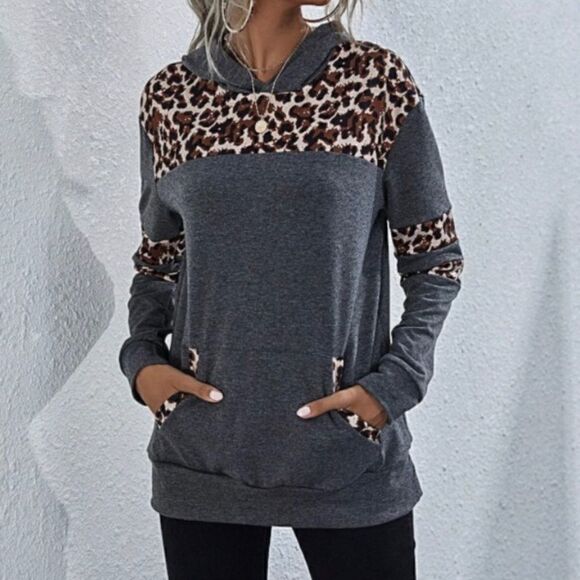 Gray Hoodie with Leopard Detail - Picture 1 of 5